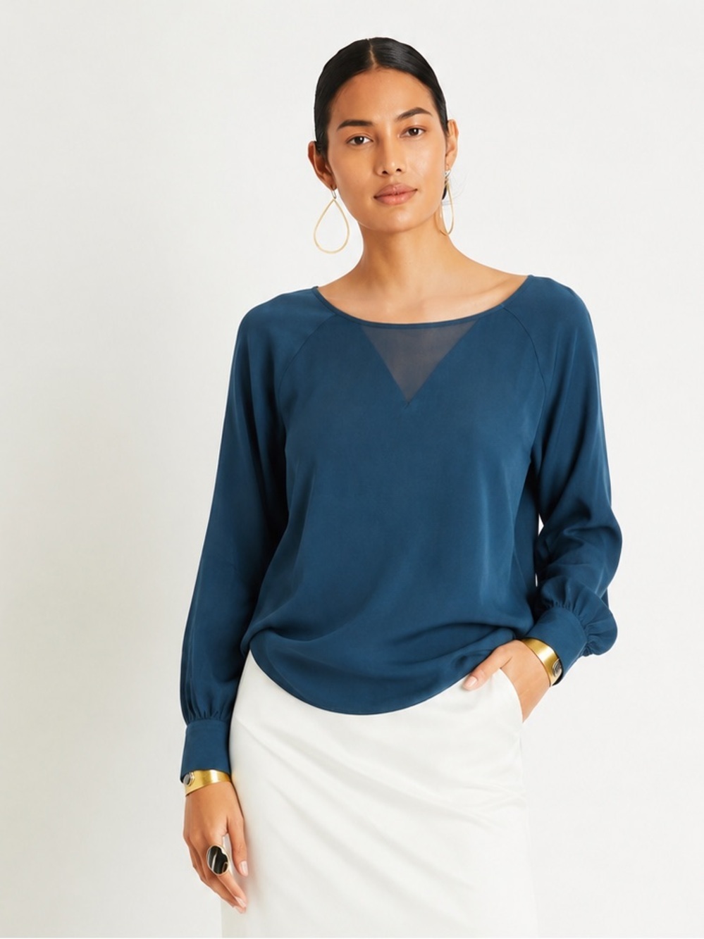 Marie Oliver Long Sleeve Teal Blouse – Size Small | Silk Combo Sass & Style